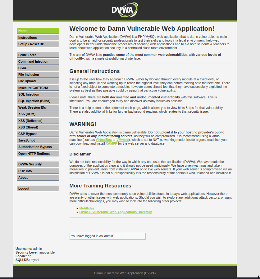 dvwa首页